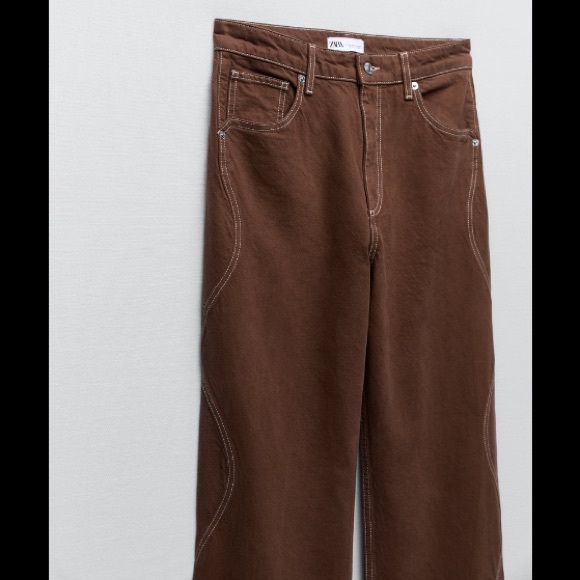 NWT ZARA WIDE LEG FULL LENGTH BROWN WAVY CURVY SIDE JEANS - Picture 10 of 10